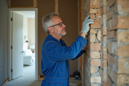 Ouvrier en bleu appliquant des panneaux d'isolation dans un appartement rénové
