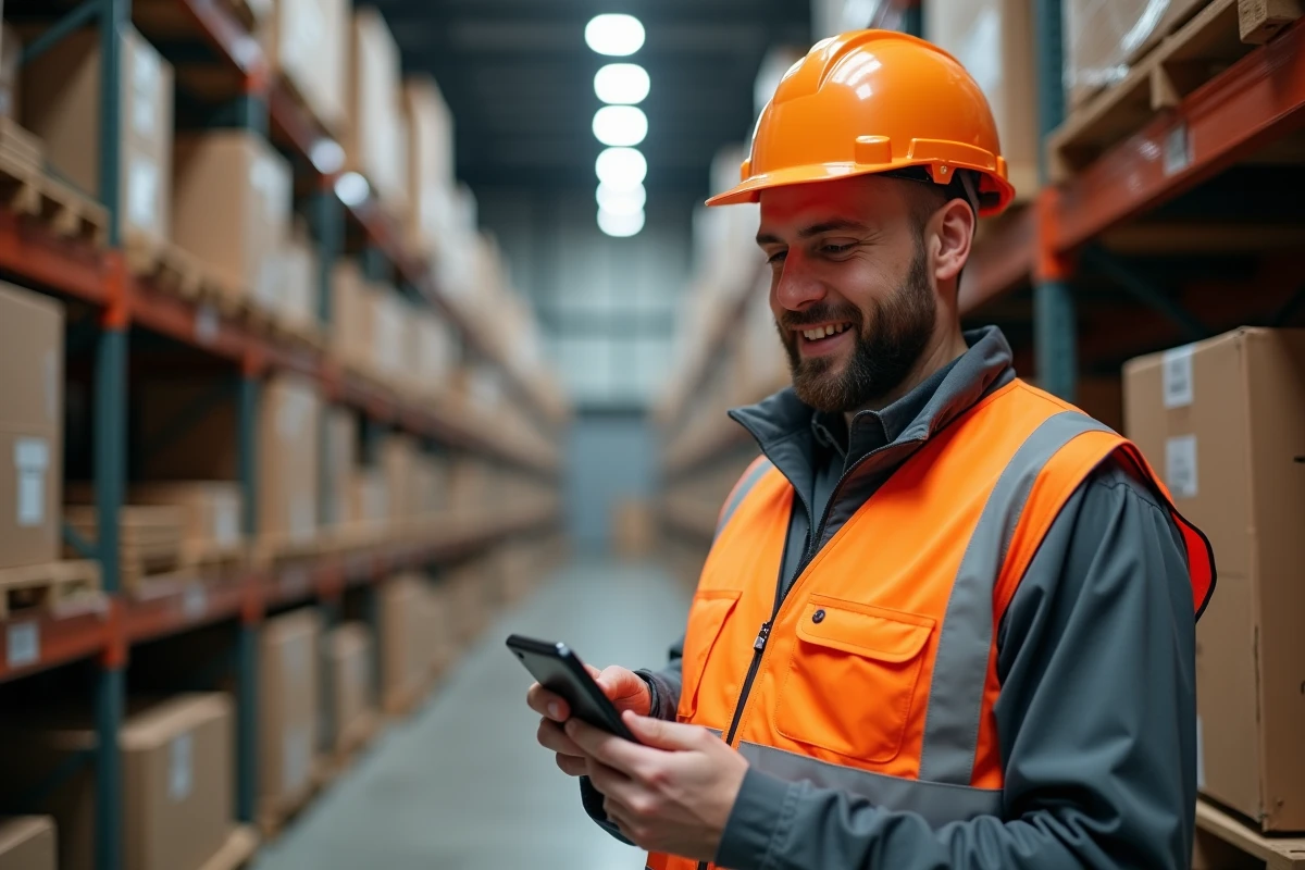 Ouvrier logistique consultant ses primes du dimanche sur smartphone dans un entrepôt