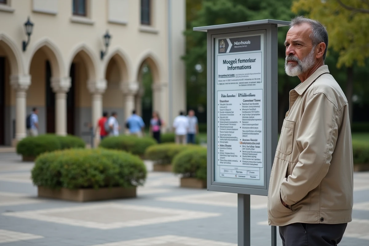 Visiteur consultant le panneau d'informations pratiques à l'entrée de la mosquée de Ris-Orangis