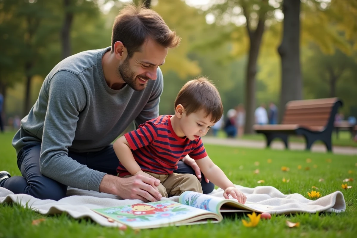 Père et fils lisant dans un parc urbain ensoleille