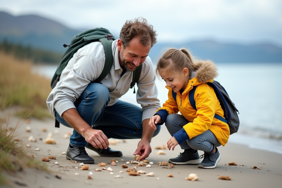 Père et fille examinant des coquillages sur la plage nordique