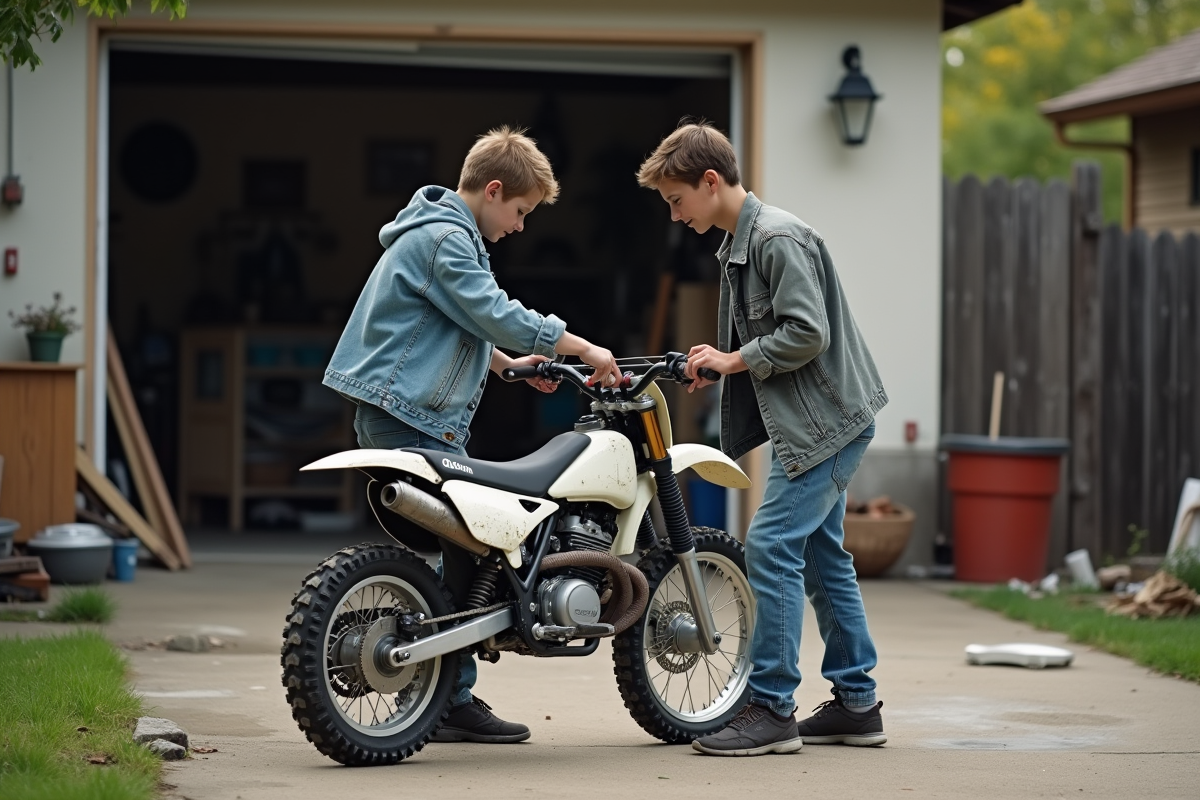 Père et fils inspectant une moto 125cc dans la cour