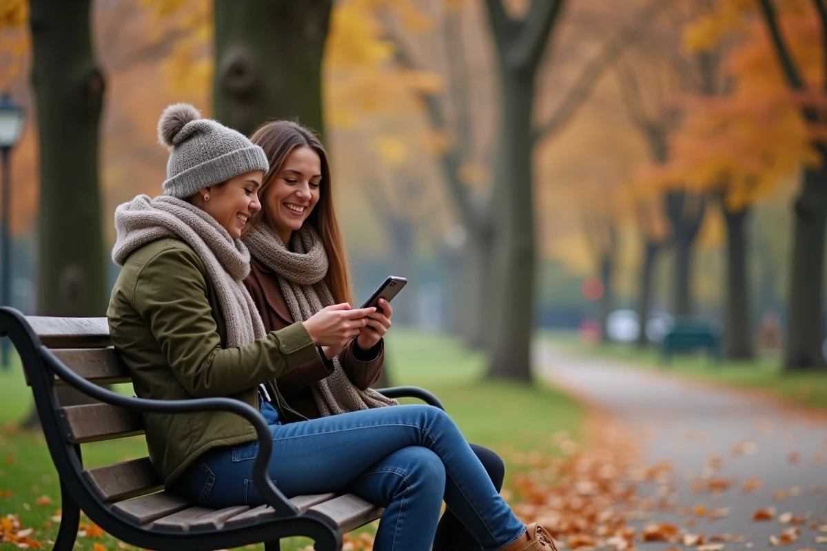 Deux amies dans un parc en automne qui partagent un message de bonne journée sur smartphone en riant