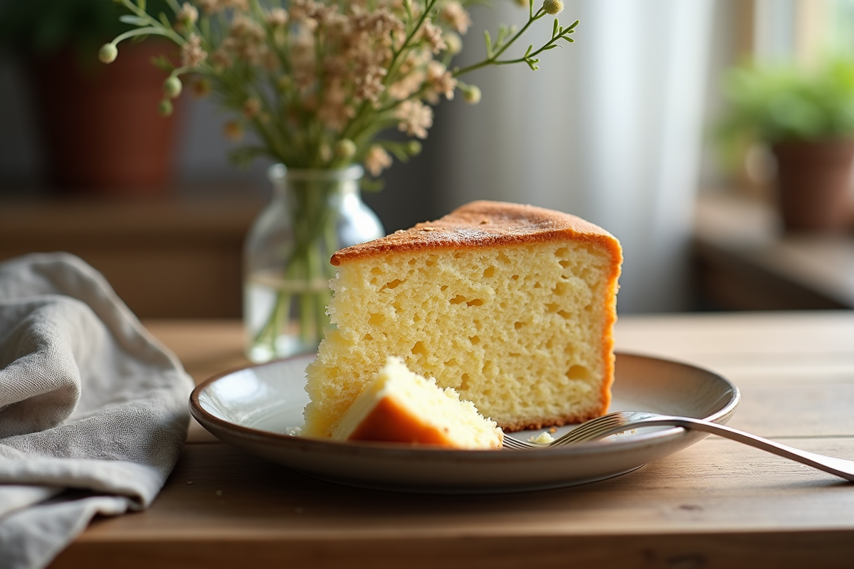 Tranche de gâteau sponge sur une assiette rustique avec accessoires