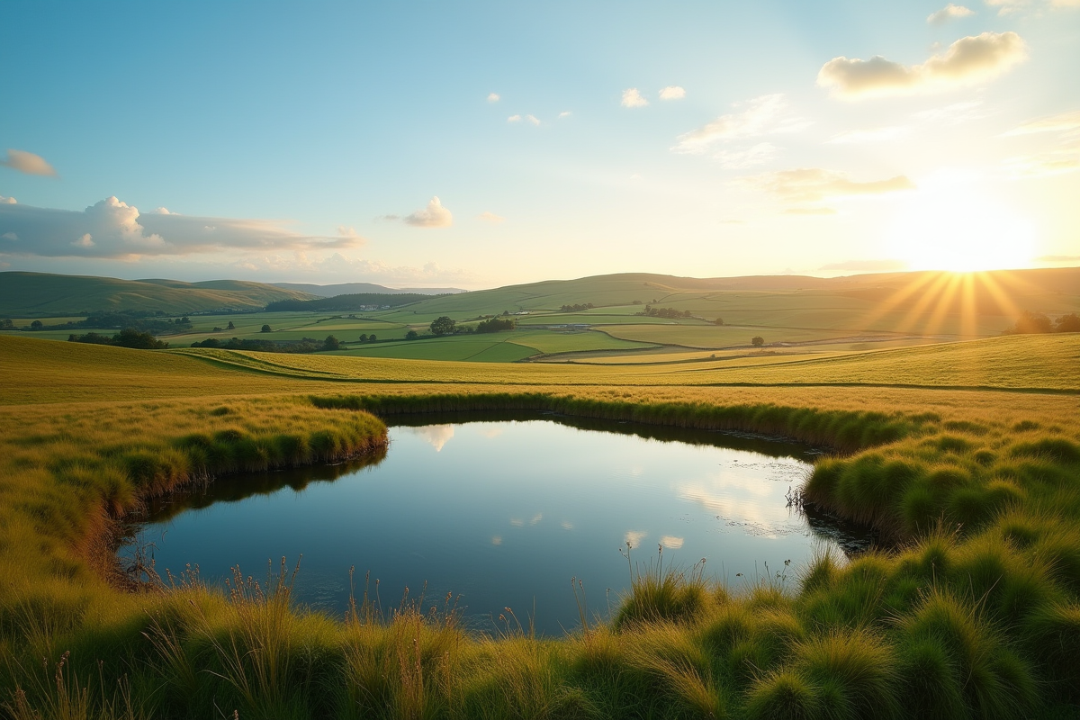 Paysage champêtre avec étang au coucher du soleil