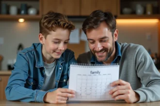 Pere et fils regardent un calendrier familial à la cuisine