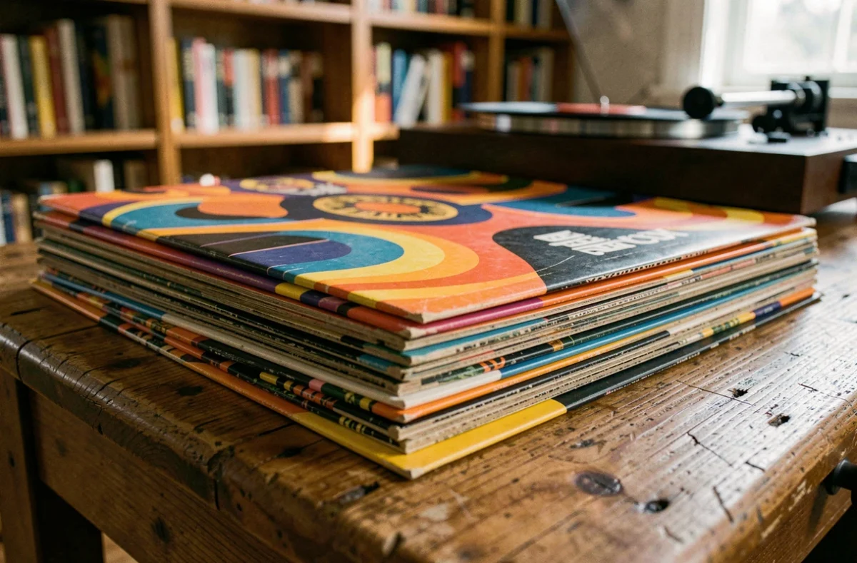 Pile de vinyles rares avec pochettes originales colorées des années 1960 et 1970 posés sur une table en bois ancien