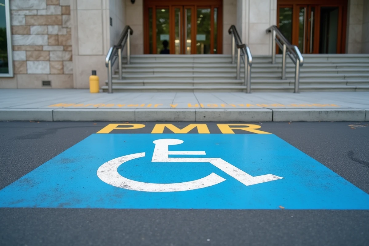 Place de stationnement PMR accessible en fauteuil roulant devant l'entrée de la mosquée de Ris-Orangis