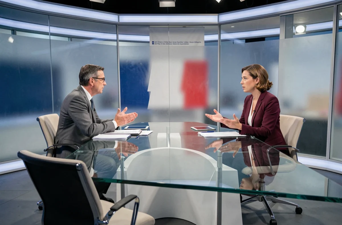 Plateau de débat politique français avec deux invités en discussion animée, décor télévisé professionnel et ambiance de direct
