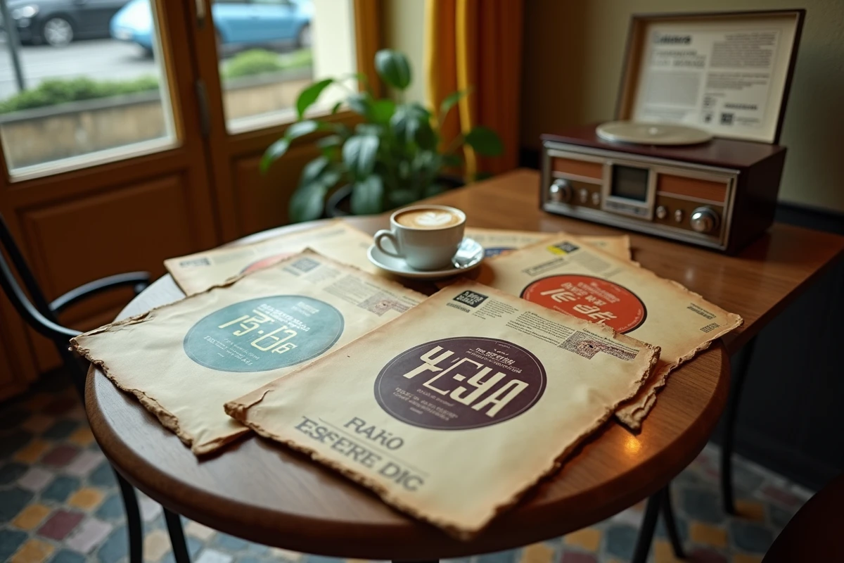 Pochettes de disques vinyles yé-yé français des années 60 étalées sur une table de café parisien, détail rétro et nostalgique