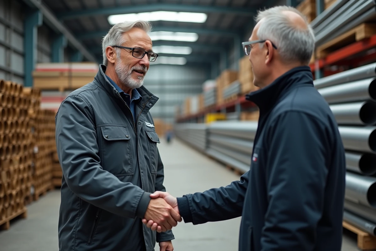 Femme grossiste en metal serre la main d un client en depot