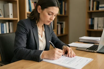 Femme préparant son dossier de candidature pour la Roue de la Fortune à son bureau