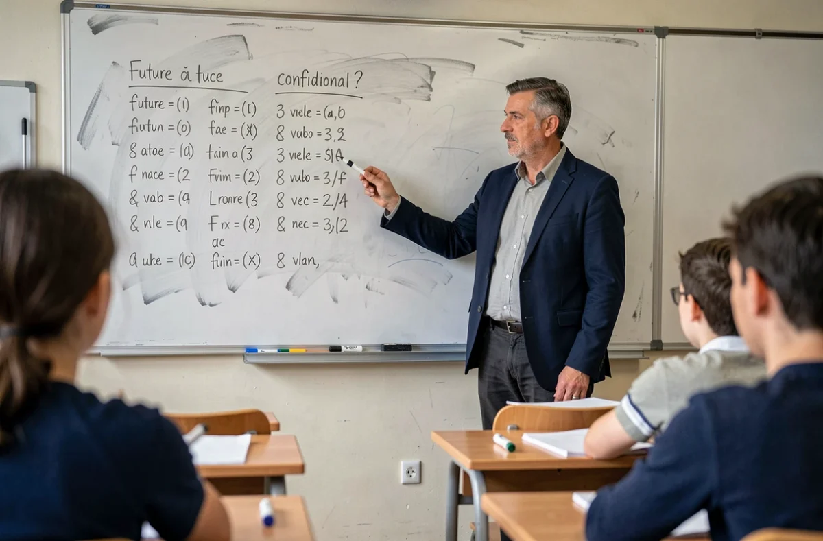 Professeur de français au tableau expliquant la conjugaison du futur et du conditionnel à des étudiants en classe
