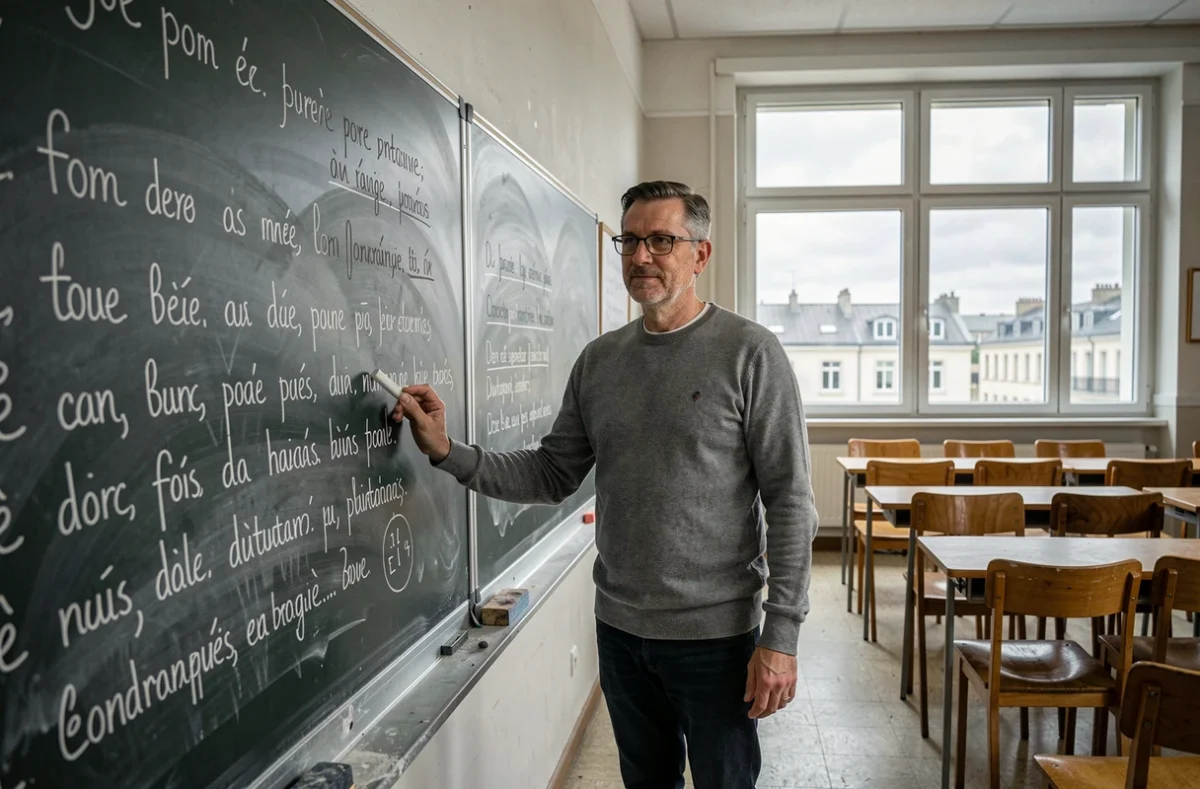 Professeur de français devant un tableau noir avec des corrections orthographiques manuscrites en classe