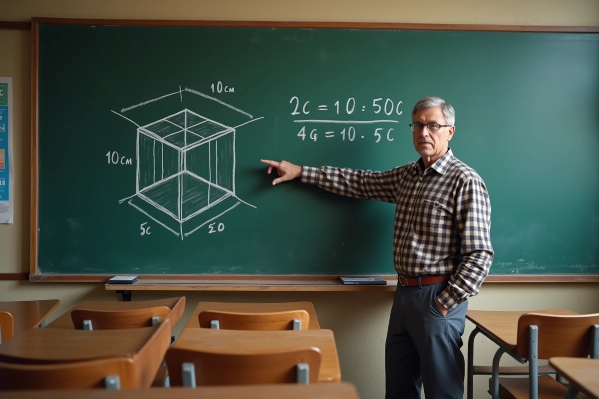 Enseignant de sciences devant un tableau noir expliquant la formule de conversion des centimètres cubes en litres avec un schéma de cube dessiné à la craie