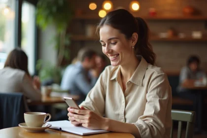 Femme souriante dans un café en train d'envoyer un message de bonne journée sur son smartphone