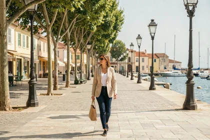 Promenade méditerranéenne à Sète, lieu de tournage de Demain nous appartient, avec boulevard bordé d'arbres et architecture côtière typique du sud de la France