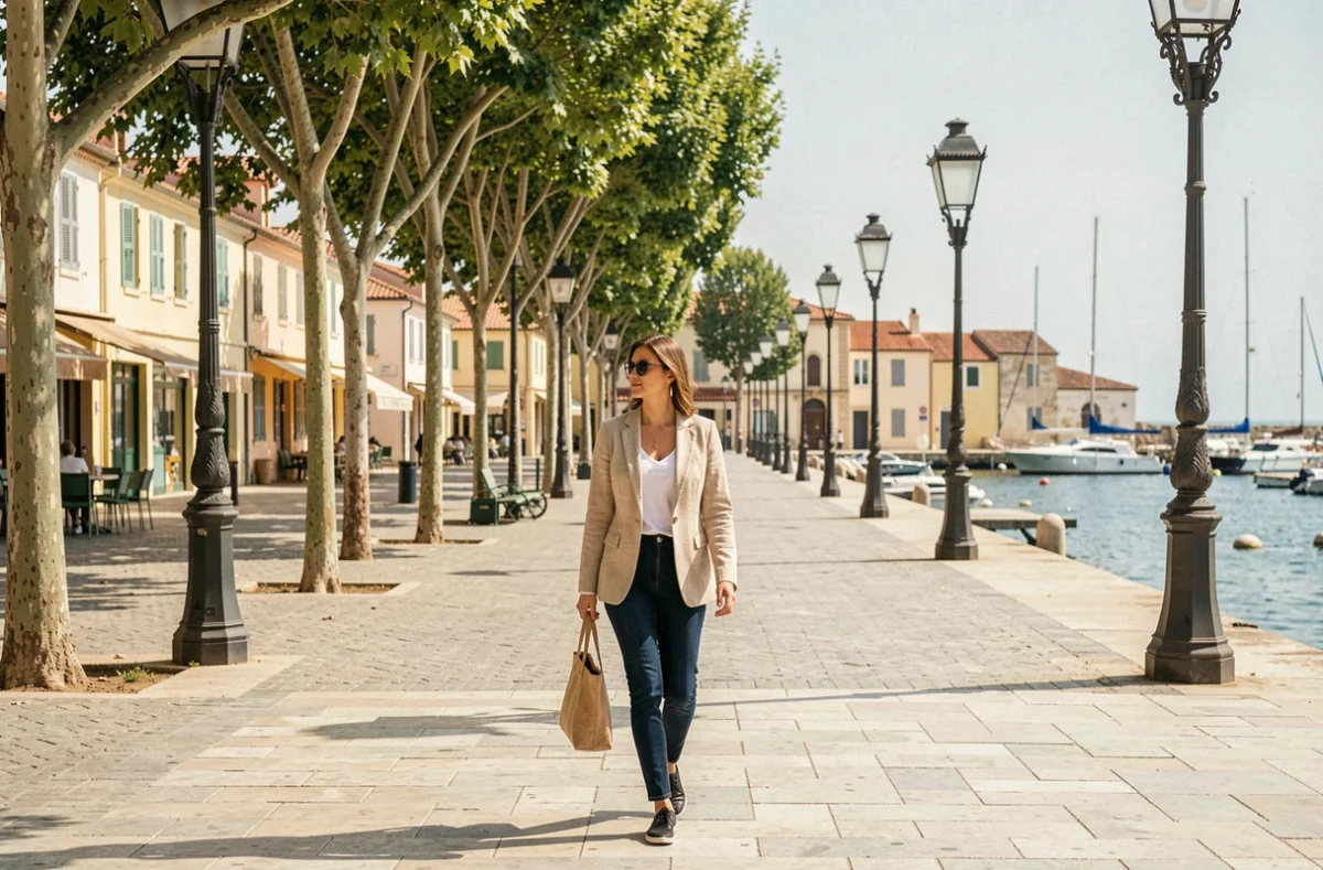Promenade méditerranéenne à Sète, lieu de tournage de Demain nous appartient, avec boulevard bordé d'arbres et architecture côtière typique du sud de la France