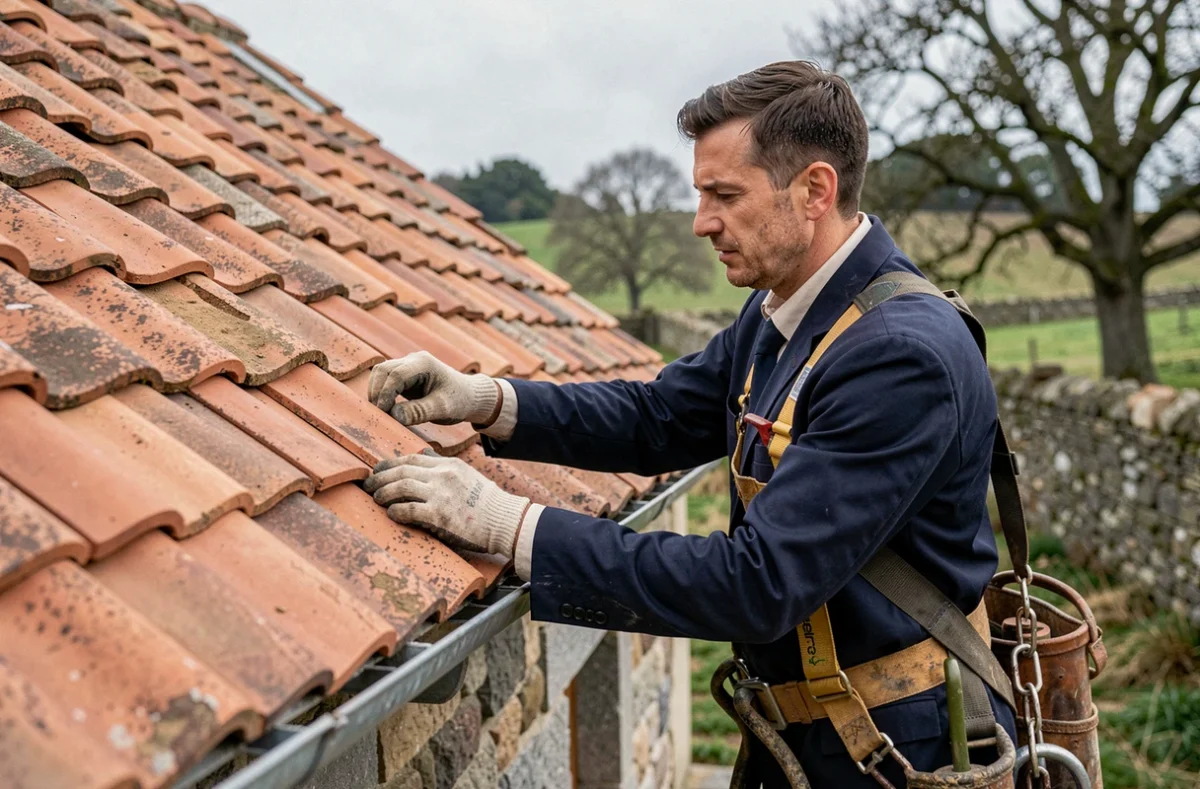 Couvreur de Quéméner Couverture fixant des tuiles doubles romanes sur un cottage en granit en Finistère