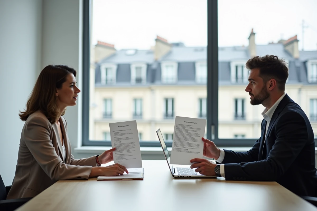 Deux juristes comparant l'ancien article 1134 du Code civil et sa version réformée en 2016 dans un cabinet d'avocats moderne