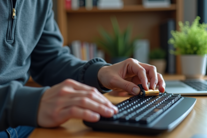 Homme installant des piles dans un clavier sans fil à domicile