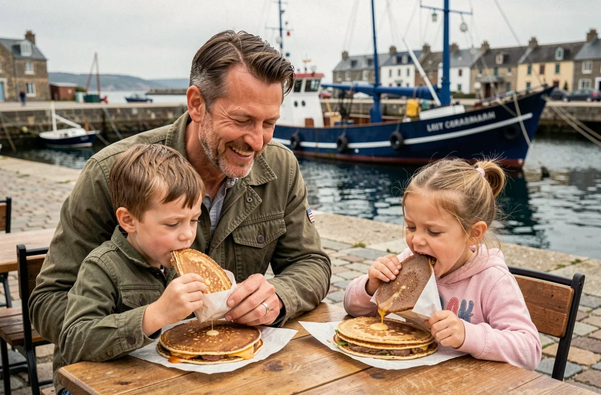 Père et enfants mangeant des galettes bretonnes dans une crêperie du port de Concarneau