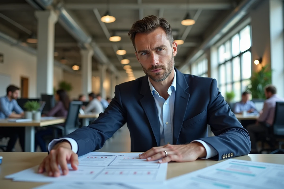 Responsable RH analysant des documents de stratégie de ressources humaines dans un bureau en open space