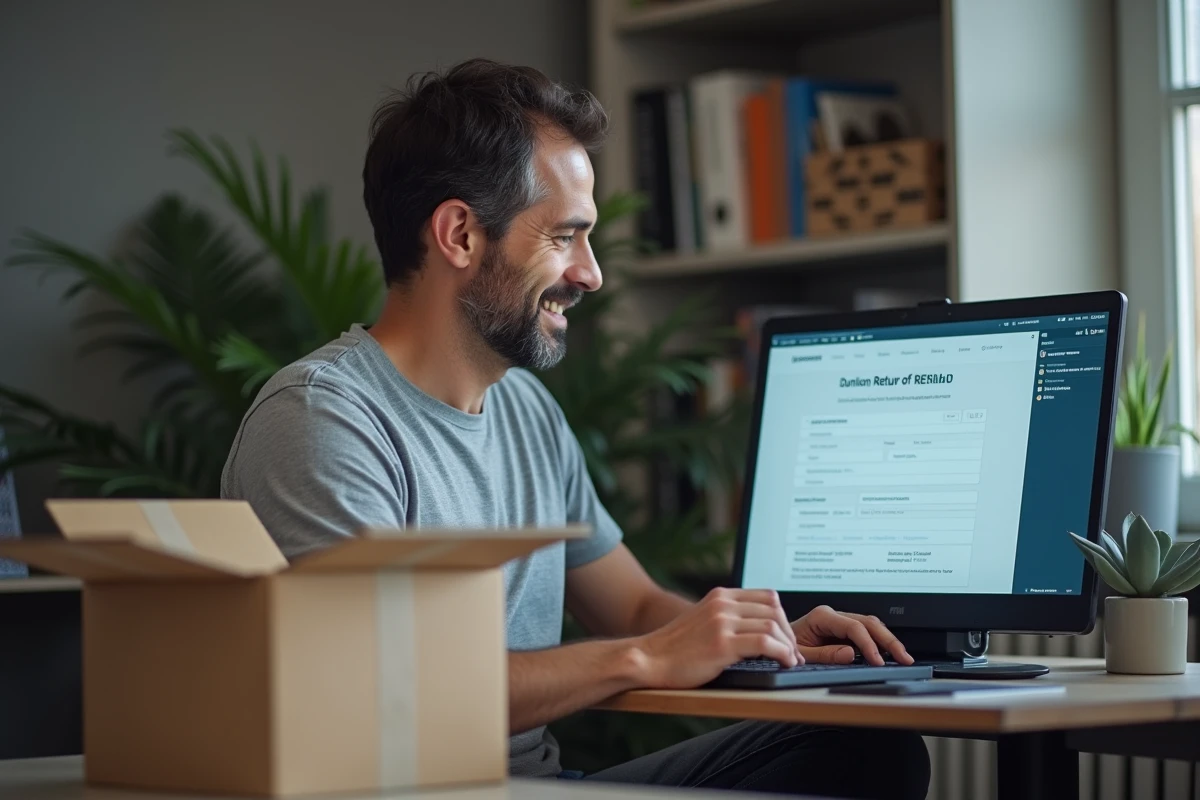 Homme remplissant un formulaire de retour en ligne pour un colis sur un ordinateur portable à domicile