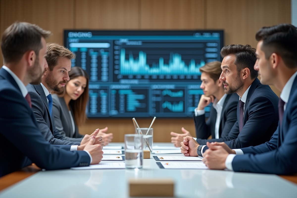Groupe de professionnels bancaires discutant de rapports financiers