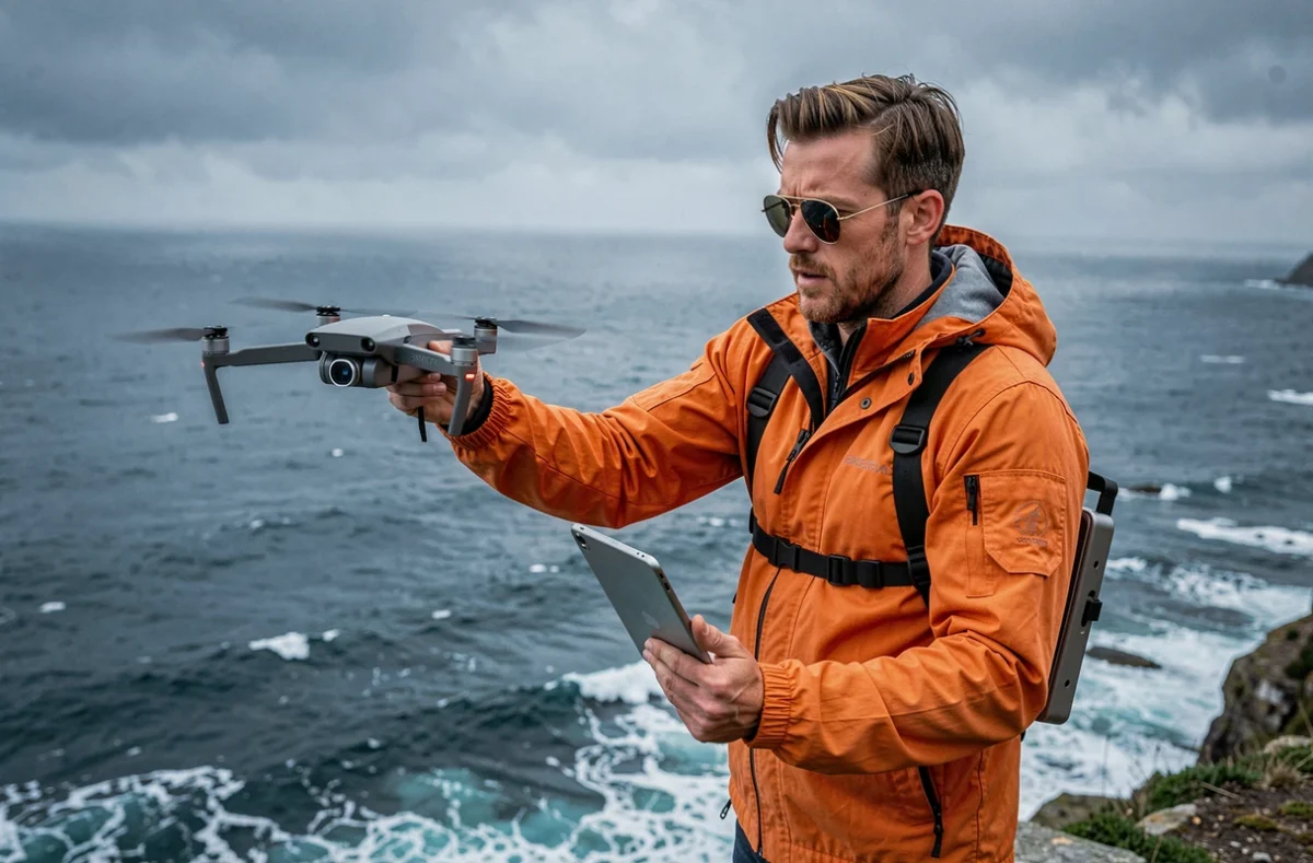 Pilote de drone professionnel lançant un quadcopter depuis une falaise en Bretagne
