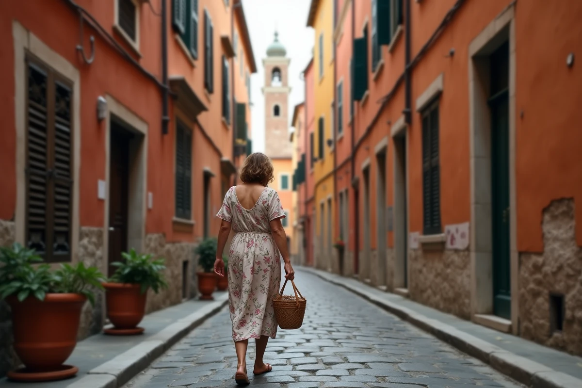 Ruelle pavée d'une ville italienne historique avec façades en terre cuite et clocher au loin