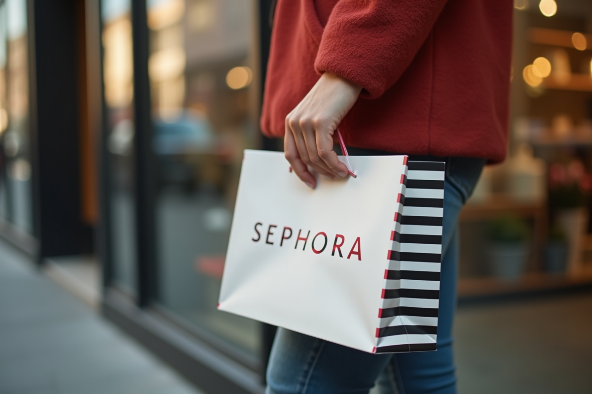 Main tenant un sac Sephora devant une boutique en ville en matinée