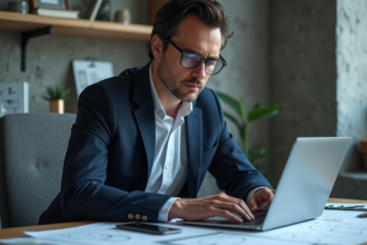 Scientifique homme en bureau avec circuits quantiques