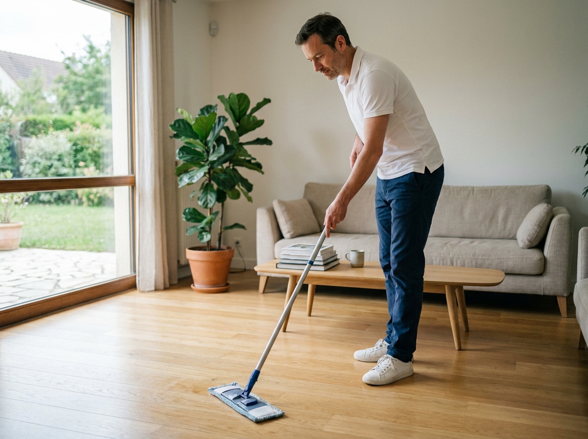Homme réalisant le nettoyage du sol d'un salon résidentiel avec un balai laveur, représentant un service de ménage professionnel régulier à Saint-Leu-la-Forêt