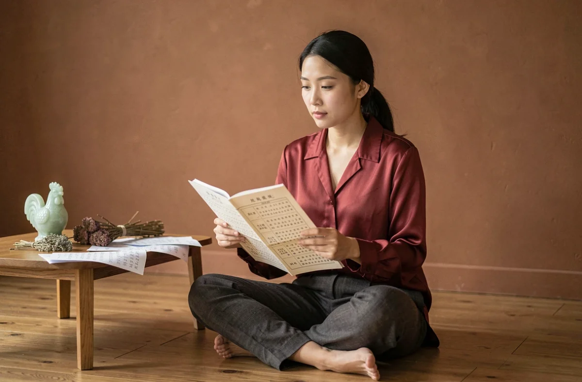 Femme asiatique consultant un almanach chinois avec une figurine de coq en jade sur une table en bois, illustration du signe astrologique chinois 1993