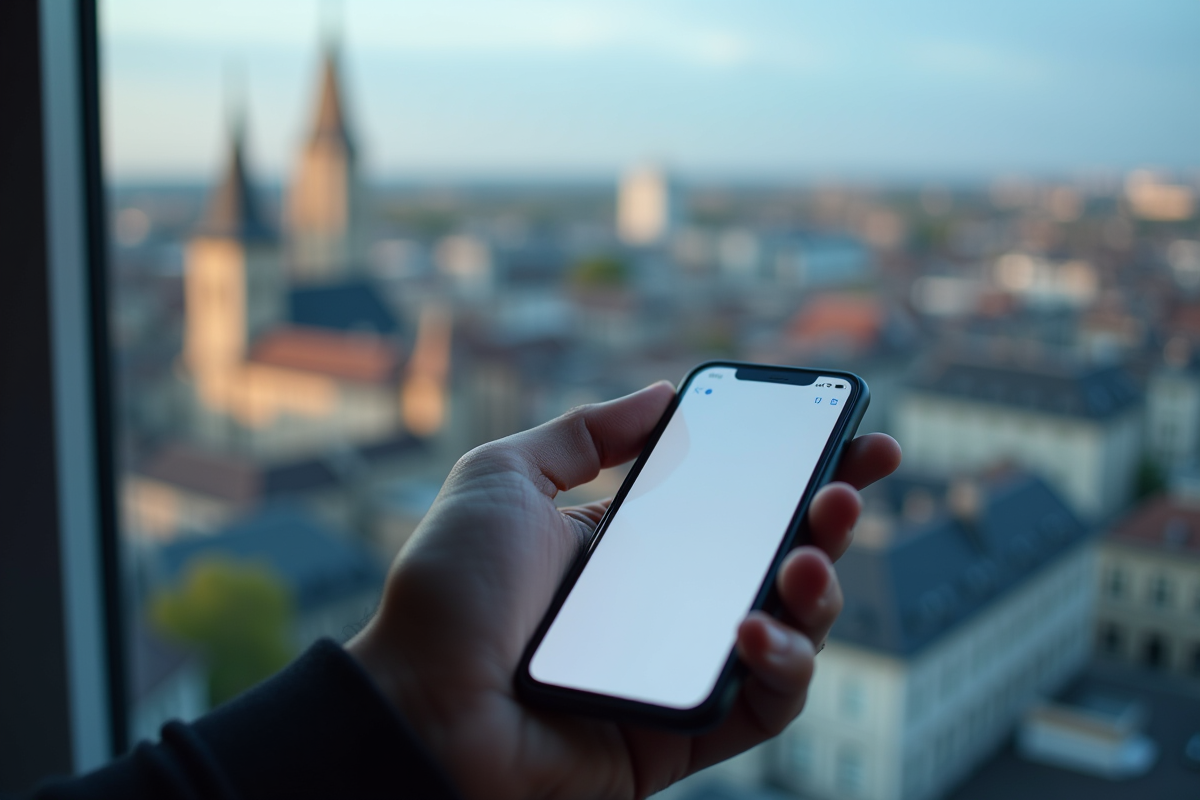 Smartphone affichant une interface webmail avec la ville de Metz en arrière-plan