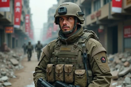 Soldat en tenue militaire moderne dans un décor urbain futuriste