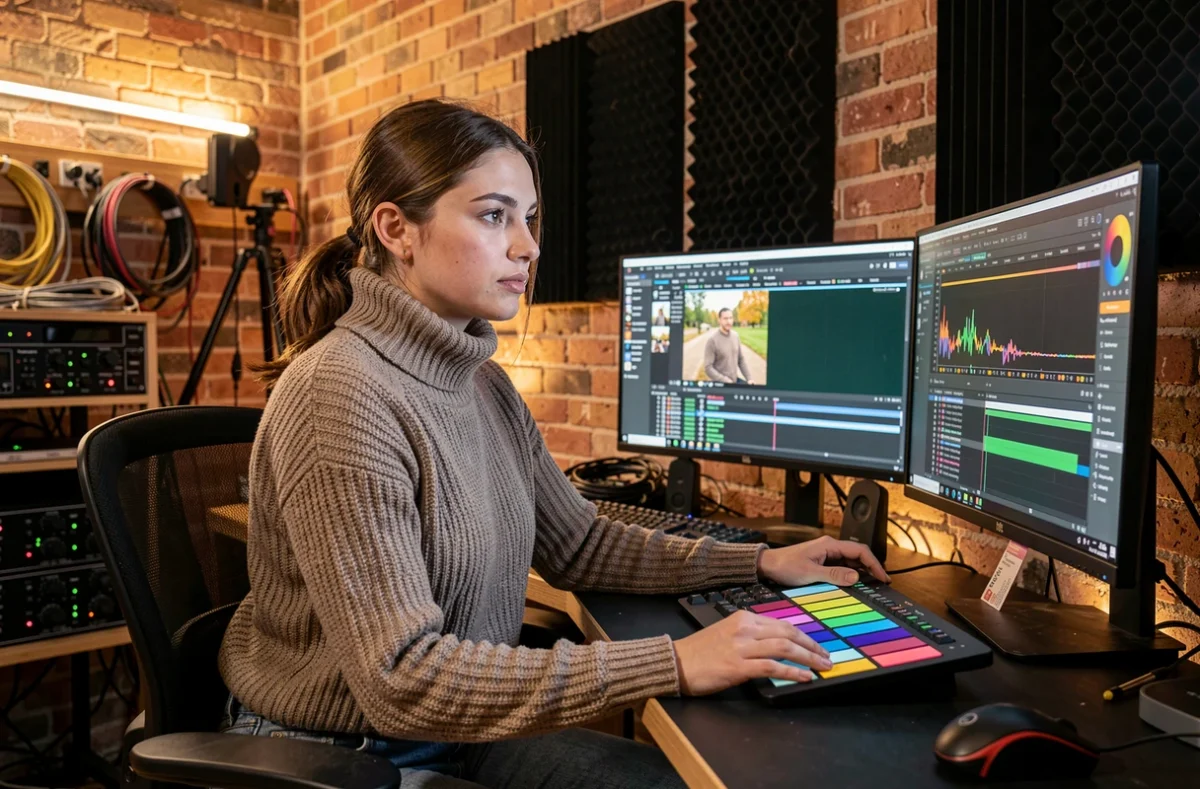 Monteuse vidéo travaillant sur une timeline de montage dans un studio à Rennes