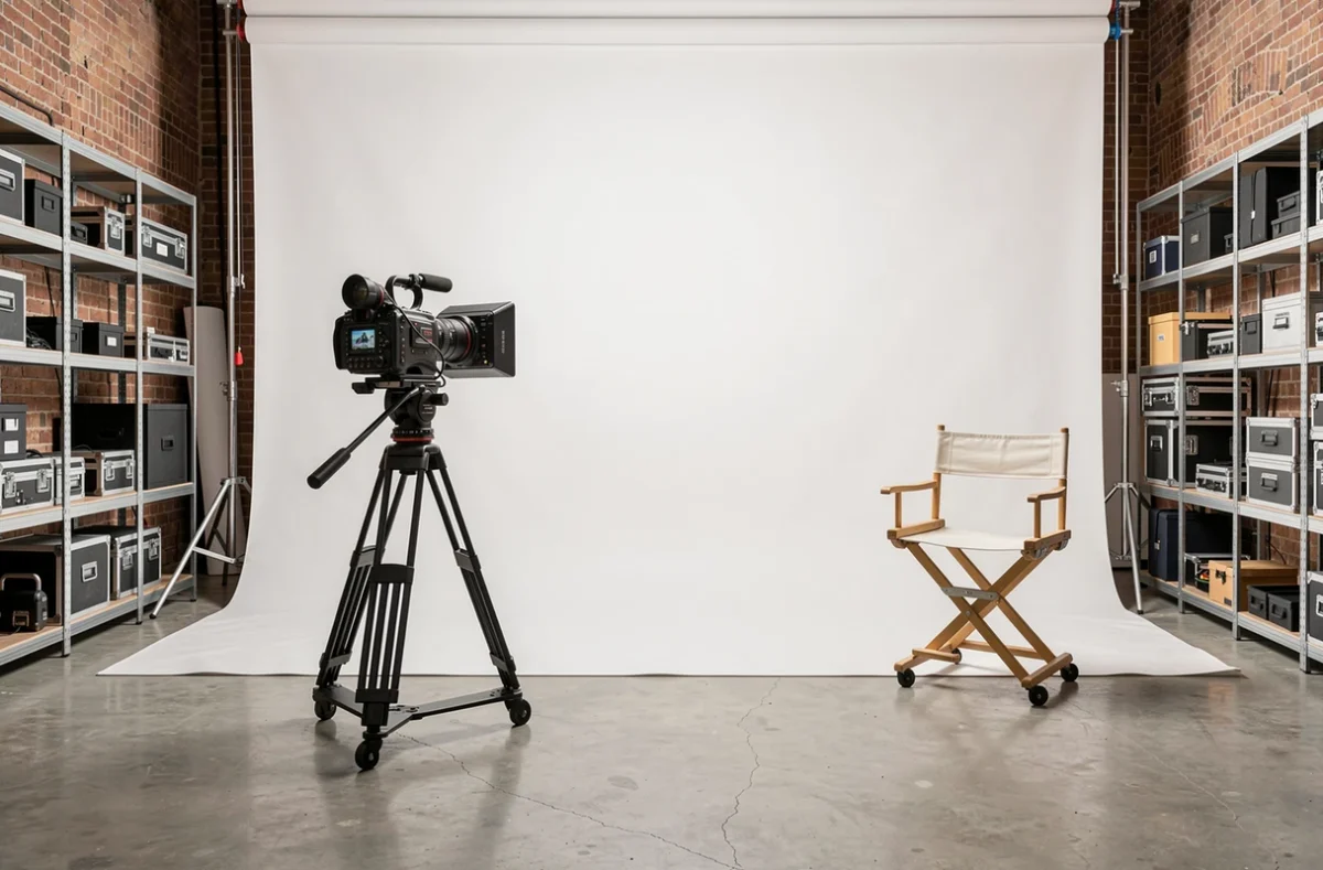 Studio photo-vidéo polyvalent avec fond blanc et équipement cinéma professionnel en Bretagne