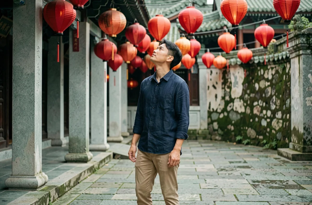 Homme asiatique dans la cour d'un temple chinois entouré de lanternes rouges symbolisant la chance et l'astrologie chinoise pour 2026