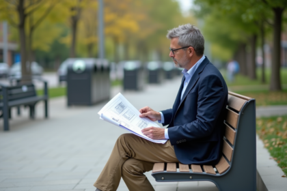 Urbaniste en blazer bleu dans un parc urbain moderne