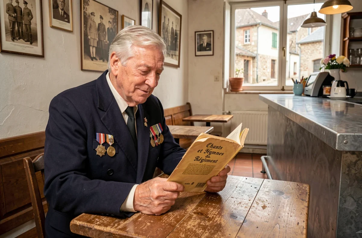Vétéran militaire français âgé lisant un carnet de chants régimentaires dans un café de village
