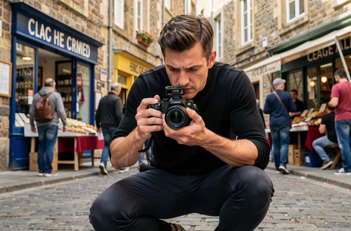 Vidéaste freelance filmant un angle créatif dans une rue de marché breton