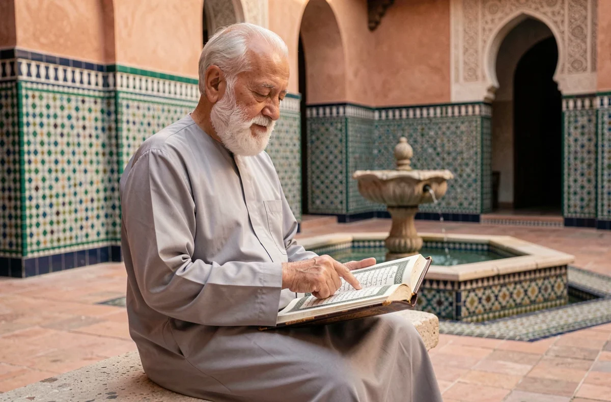 Vieil homme lisant le Coran dans une cour marocaine traditionnelle ornée de mosaïques et d'une fontaine