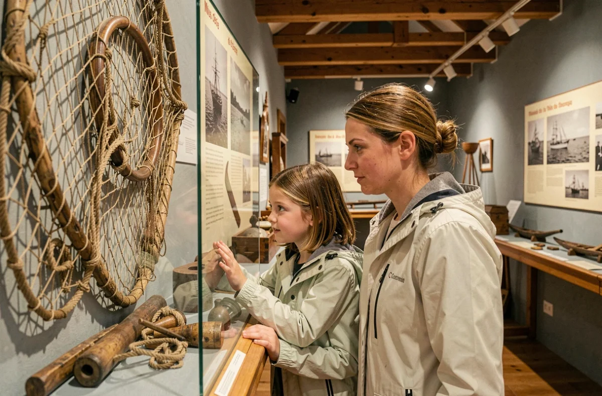 Mère et fille visitant le Musée de la Pêche de Concarneau devant des expositions maritimes
