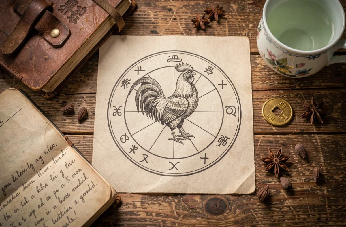 Vue aérienne d'une roue du zodiaque chinois dessinée à la main avec des objets symboliques de chance, pièce dorée et journal astrologique pour l'année 2026